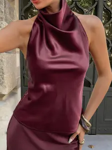 Womens Satin Halter Top Elegant Silky High Neck Draped Camisole Sleeveless Luxury Blouse Smooth Glossy Party Evening Top Chic Minimalist Date Night Outfit Lightweight Breathable Premium Fabric Fashion Going Out Top