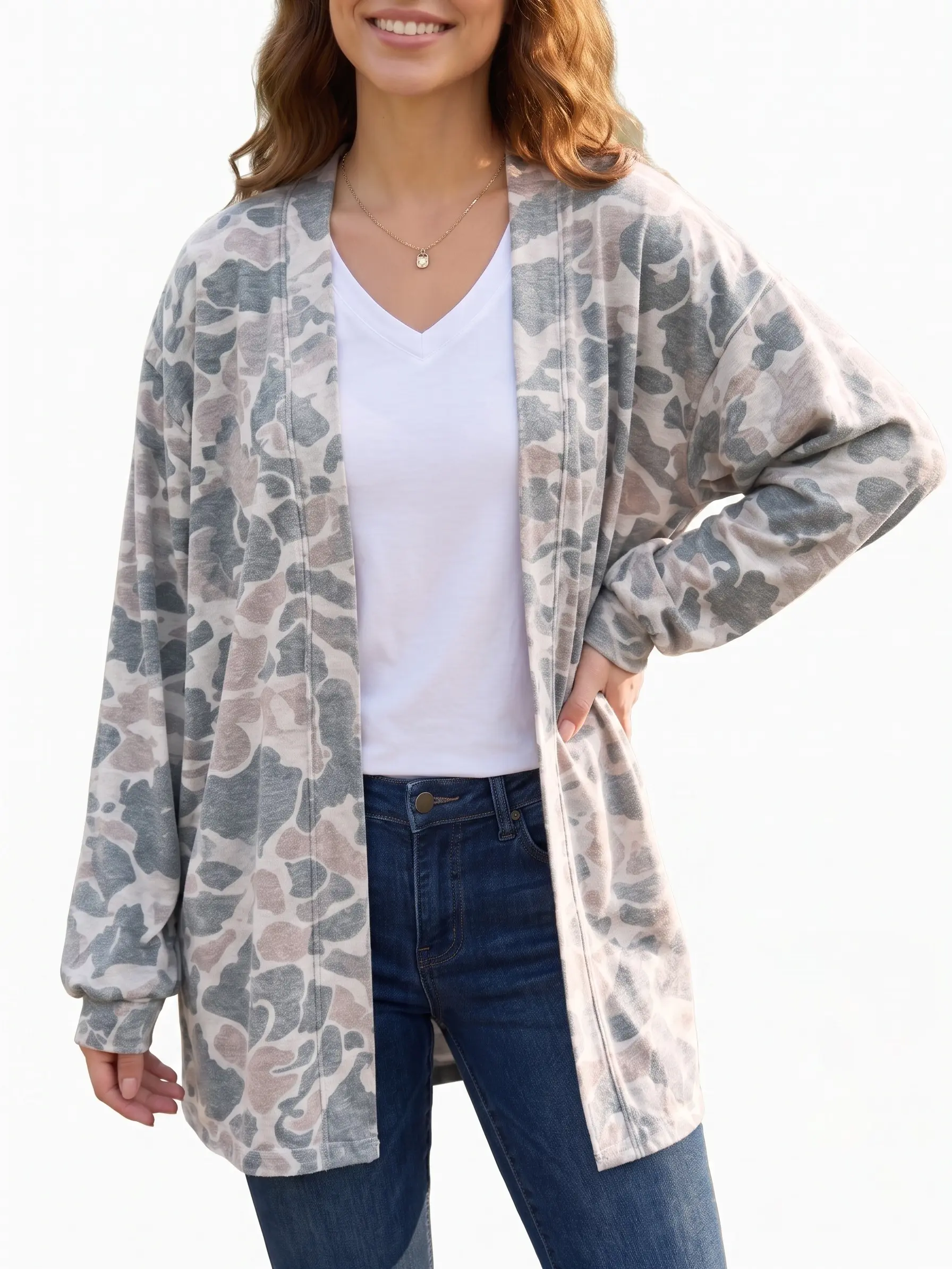 Women's Camo Cardigan Open Front Long Sleeve Lightweight Duster Casual Tunic Tops