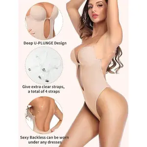 Backless Shapewear Bodysuit For Women Fajas Invisible Bra U Plunge Deep V Thong Built In Push Up Bras Underwear Sexy Lingerie Tummy Body Shaper Seamless Under Wedding Dress Fit Beige overall romper Womenswear High Stretch Fabric Compression