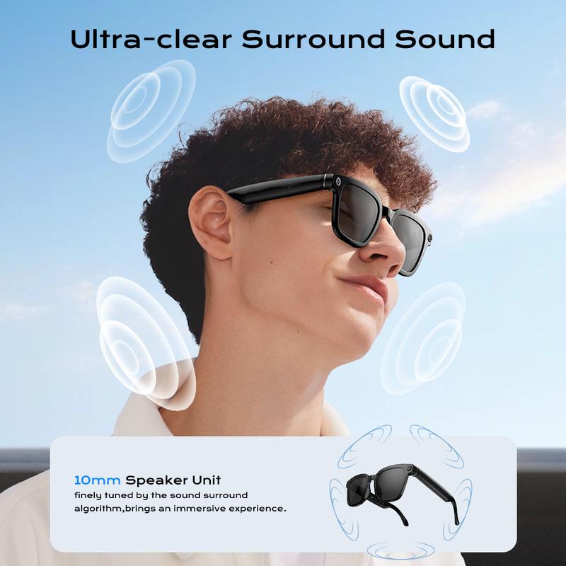 Smart Bluetooth Glasses with Camera, 1080p Video Recording Wearable Glasses, Multifunctional Wireless Audio Glasses with Headphone, Outdoor Sports Camera Sunglasses with Intelligent Voice Assistant, Anti-blue Light Protection Eyeglass