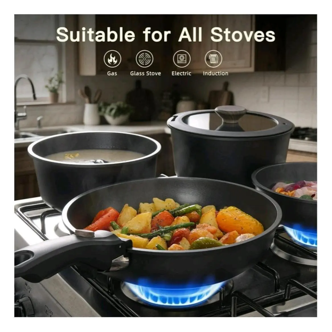 Astercook 20-Piece Non-Stick Cookware Set with Detachable Handles, Oven & Dishwasher Safe, Induction Compatible, Stackable RV Kitchenware, Black
