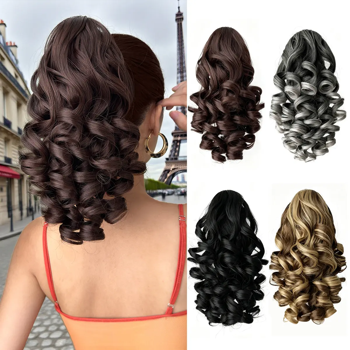 HEYPINK Women's 14-Inch Short Claw Ponytail Extension, Black Brown Deep Wave, Heat-Resistant Synthetic Fiber Hairpiece for Party & Daily Use