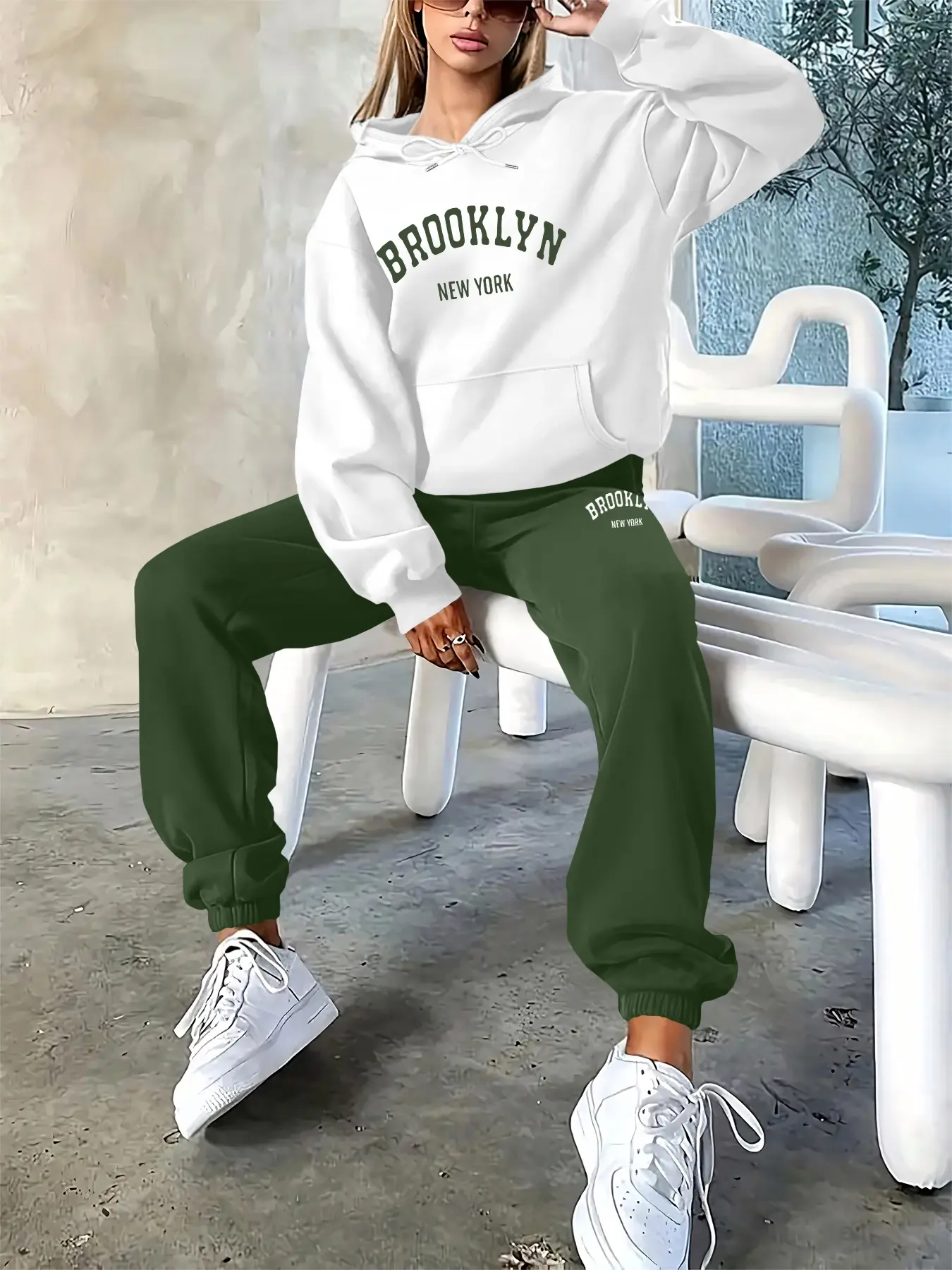 Brooklyn City Letter Print Thin Spring Fall Fashion Casual   2 Pieces Women's Long Sleeve Hoodie + Pants Tracksuit Set, Comfortable Sportswear