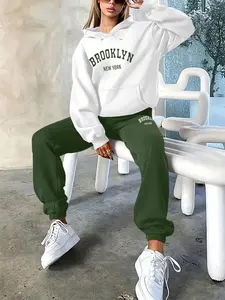 Brooklyn City Letter Print Thin Spring Fall Fashion Casual   2 Pieces Women's Long Sleeve Hoodie + Pants Tracksuit Set, Comfortable Sportswear