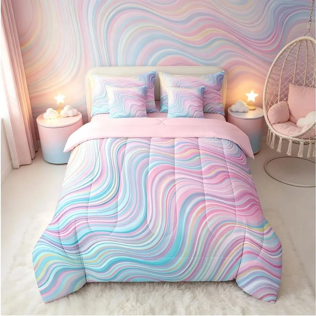 Girls Pink Rainbow Comforter Set with Sheets Stripe 7 Pieces Bedding Set Die Tye Bed in a Bag Breathable Geometric Bed Set Gift Women
