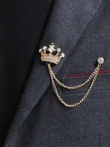Elegant Crown Brooch Pin, Embellished with Rhinestones and Chain, Men's Wedding Party Formal Suit Accessory