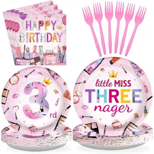Grencian 96 Pcs Threenager Birthday Decorations Girl Makeup Spa 3rd Birthday Plates and Napkins Little Miss Threenager Birthday Decorations for 3 Year Old Girl Serves 24