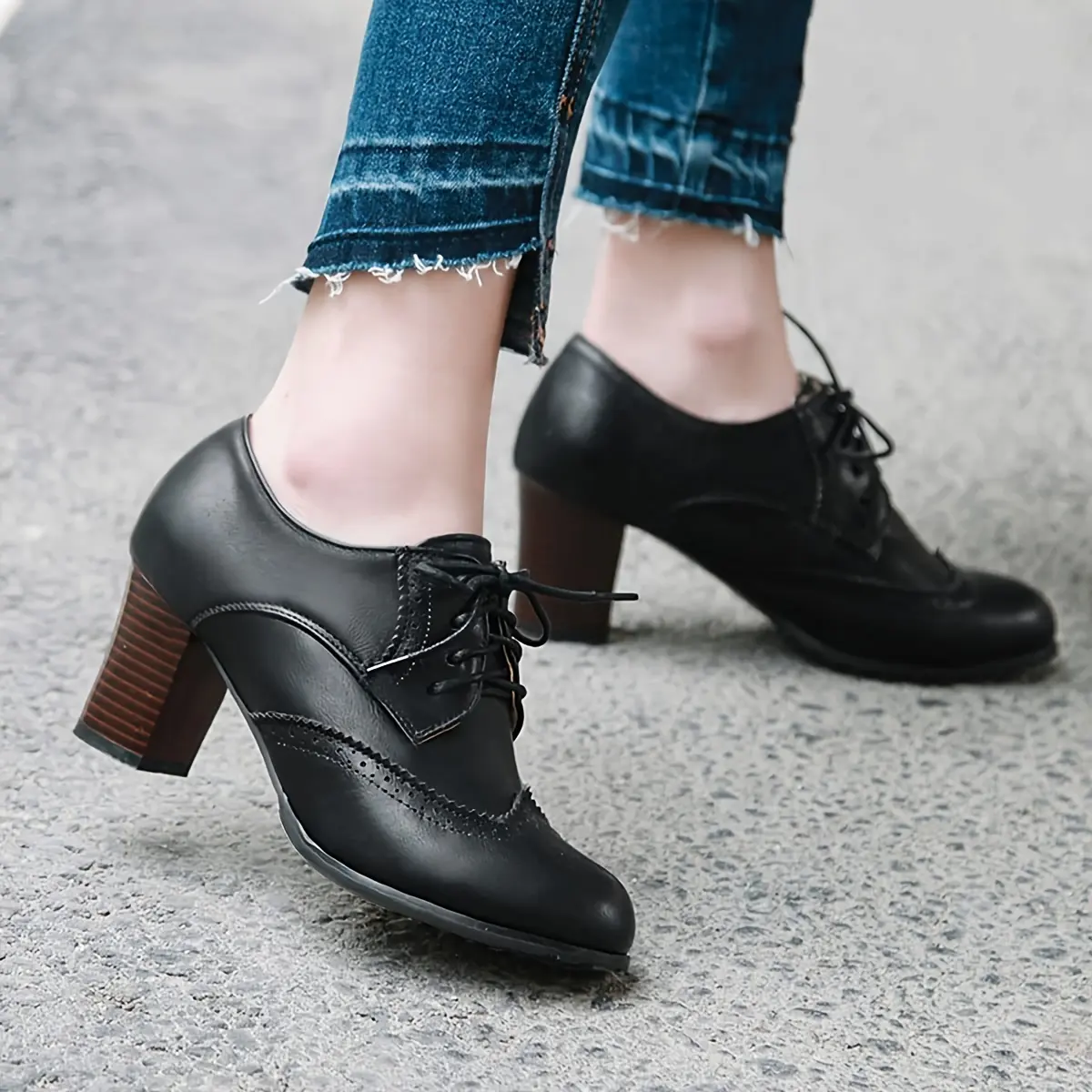 Women's Wingtip Oxfords Round Toe Lace Up Block Heel Vintage Brogues Shoes Chunky Heels Oxford, Women Shoes
