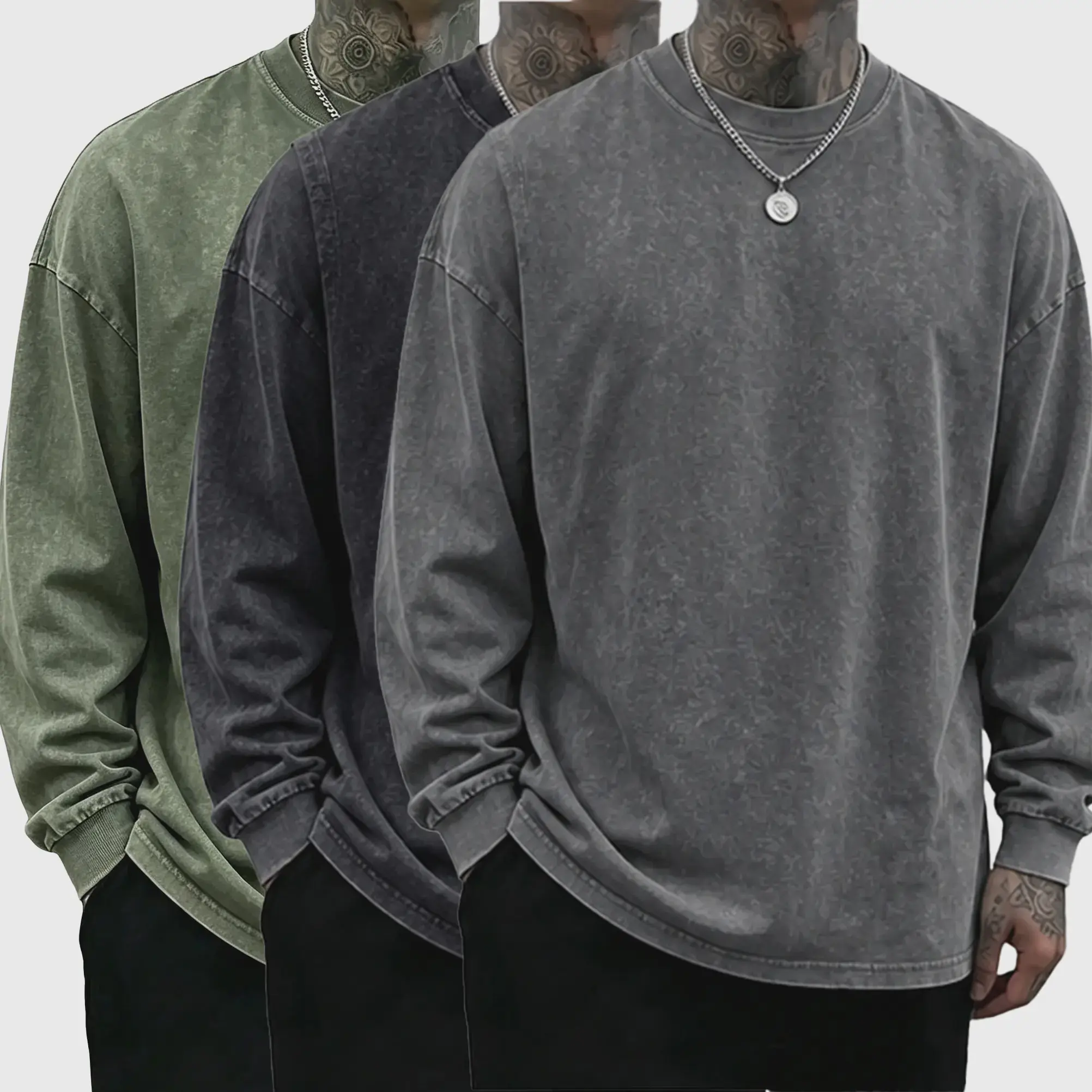Men's Plain Round Neck Long-Sleeve Cotton Fabric T-Shirt - Washed, Distressed, Loose Retro Streetwear Top, Unisex Durable Menswear for Student Casual Wear (Black, Gray, Army Green)