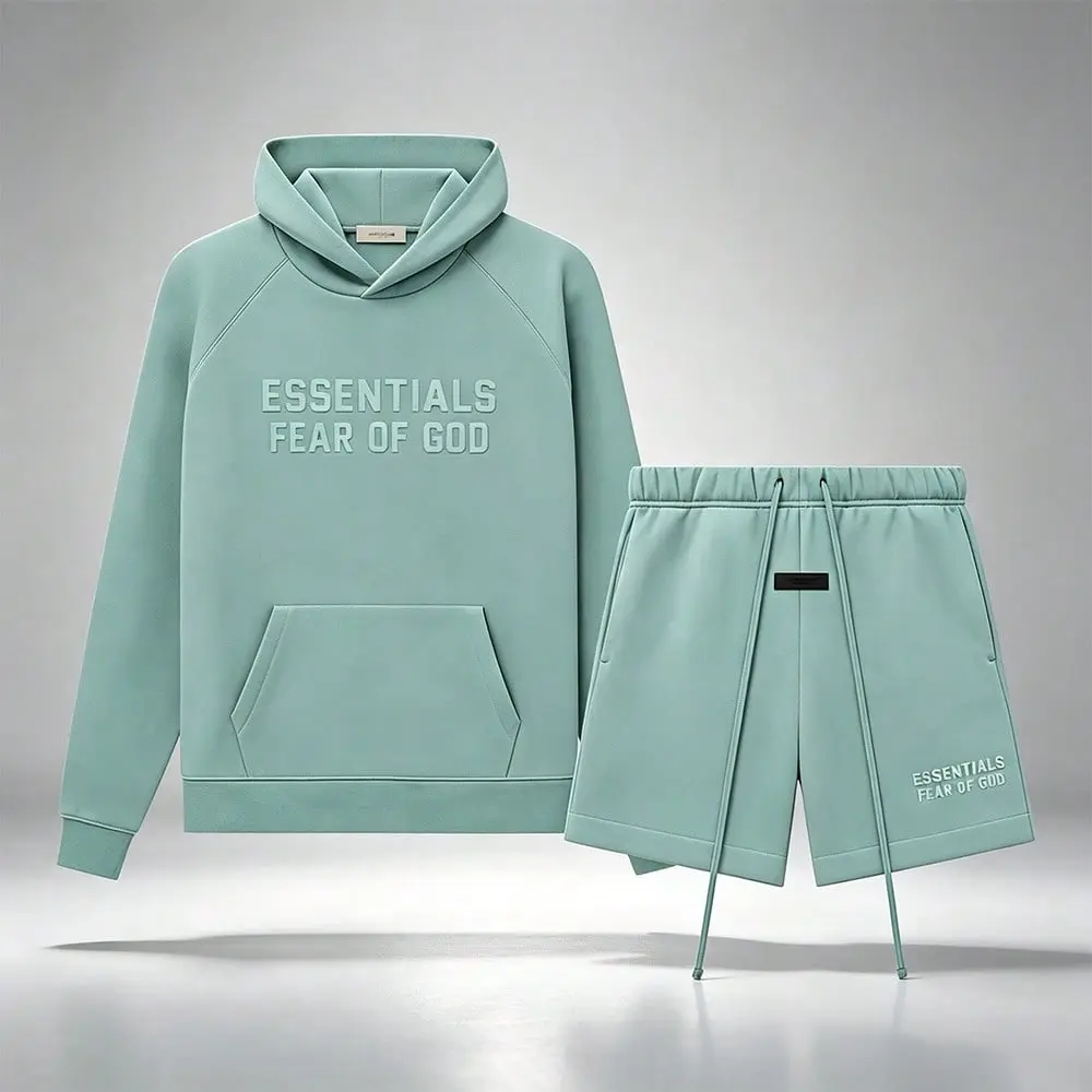 Fear of God Essentials Green Printed 2 Piece Outfit Men Casual Loose Fit Pullover Hooded Sweatshirt Matching Shorts Athletic Sweatset