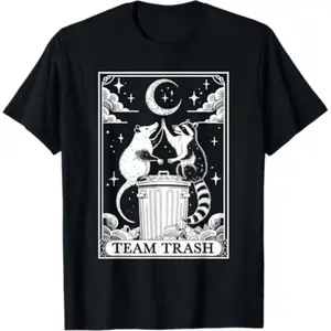 Tarot Card Vintage Graphic T-Shirt Featuring Crescent Moon Raccoon and Opossum Art, Soft Comfy Cotton Feel, Quirky Witchy Casual Tee for Everyday Wear and Party Looks