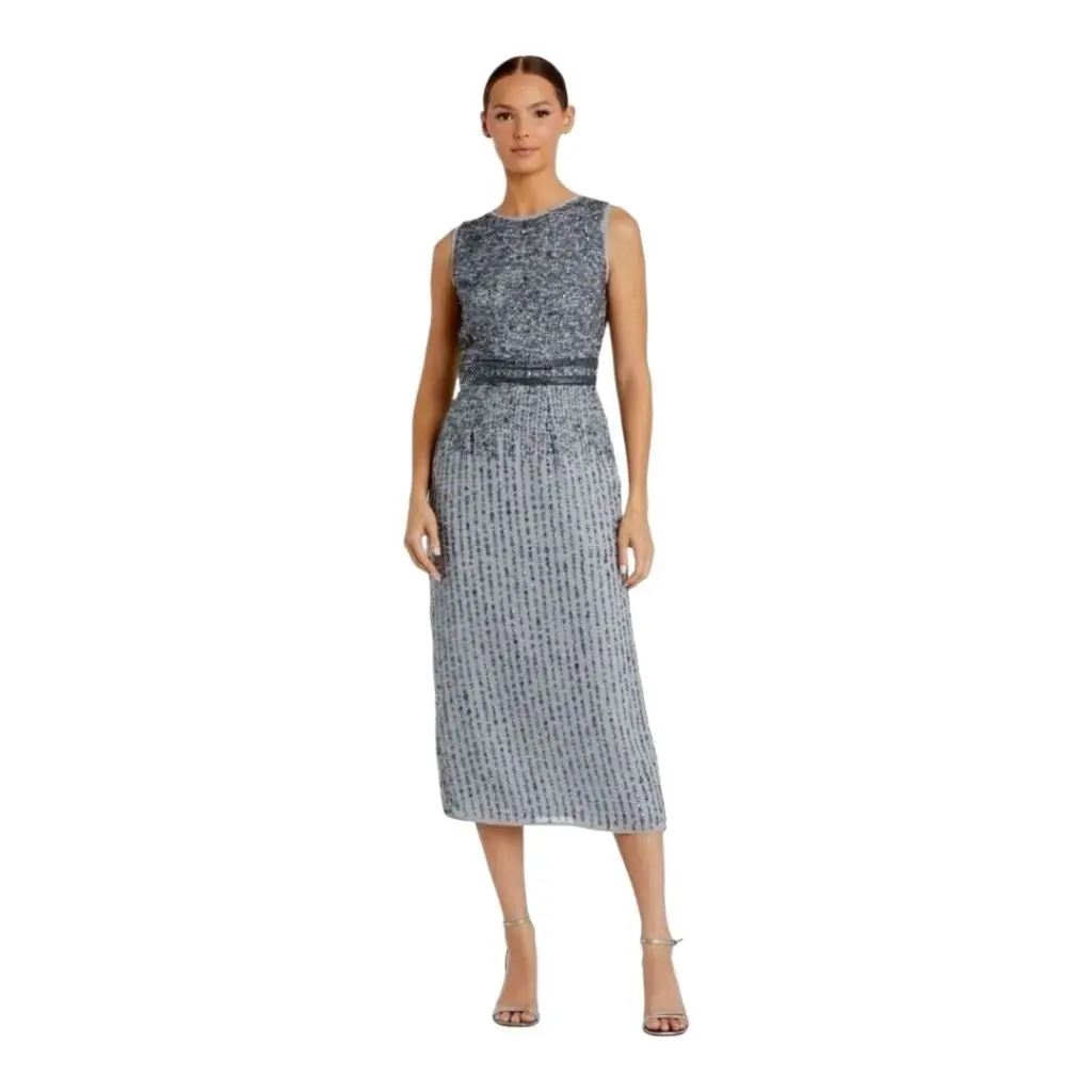 Women's Mac Duggal Sparkly Baddie Style Sequin-Embellished Sleeveless Round Neck Straight Midi Dress - Fitted Formal Cocktail Gown with Back Slit, Grey, Ideal for Watch Party (Includes Skirt Feature), Women's Dresses For Various Occasions