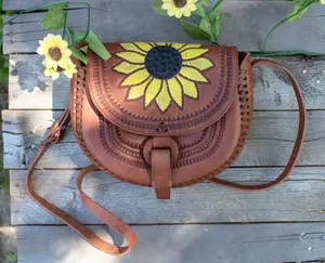 WOMENS SUNFLOWER STAMPED Hand tooled genuine leather tote bag purse