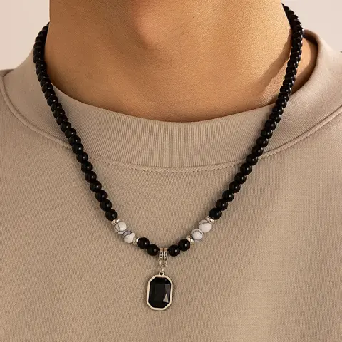 Handmade Beaded Decorative Necklace with Square Stone Exquisite Trendy Pendant, Elegant Jewelry for Daily Wear, Fashion Accessory for All Seasons, Perfect Gift
