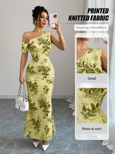 Elegant Asymmetric Shoulder Dress, Fitted Knee Length, Leaf Print, Split Thigh Design, Perfect for Parties and Dates