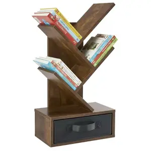 Space Saver Tree Bookshelf 4-Tier with Drawer - Narrow Corner Bookcase, Rustic Brown Geometric Shelf for Small Spaces in Living Room, Bedroom, Office