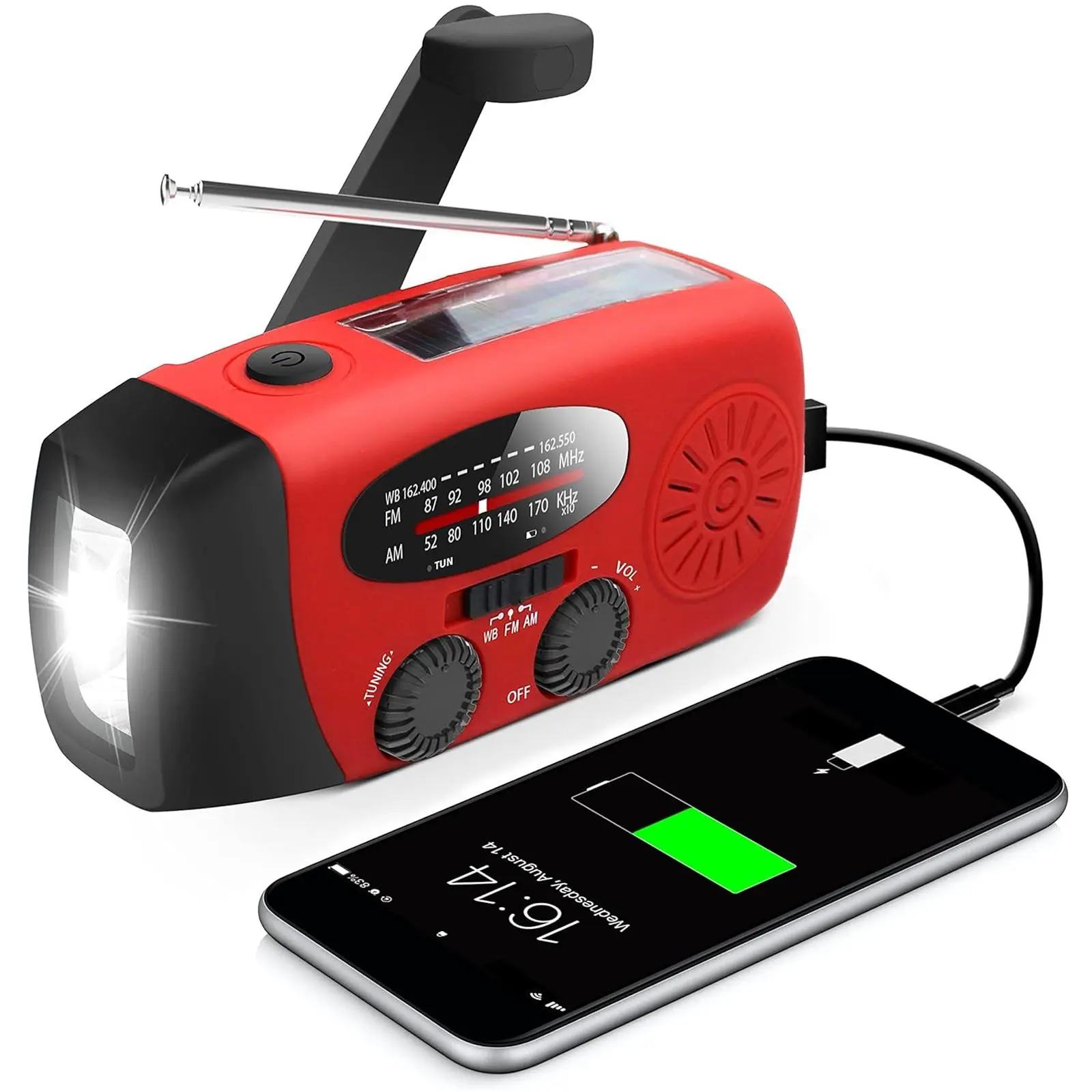 Solar Powered Hand Crank Radio, Adjustable Waterproof High Power Multifunctional Flashlight Portable AM/FM/NOAA Radio with LED Flashlight, Waterproof USB Rechargeable Emergency Radio for Indoor & Outdoor, Camping