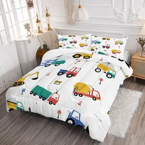 Cartoon Construction Vehicle Kids Comforter Set, Hand-Drawn Excavator and Cement Truck Design, Soft Comfortable Bedding, Boy's Bedroom Decor