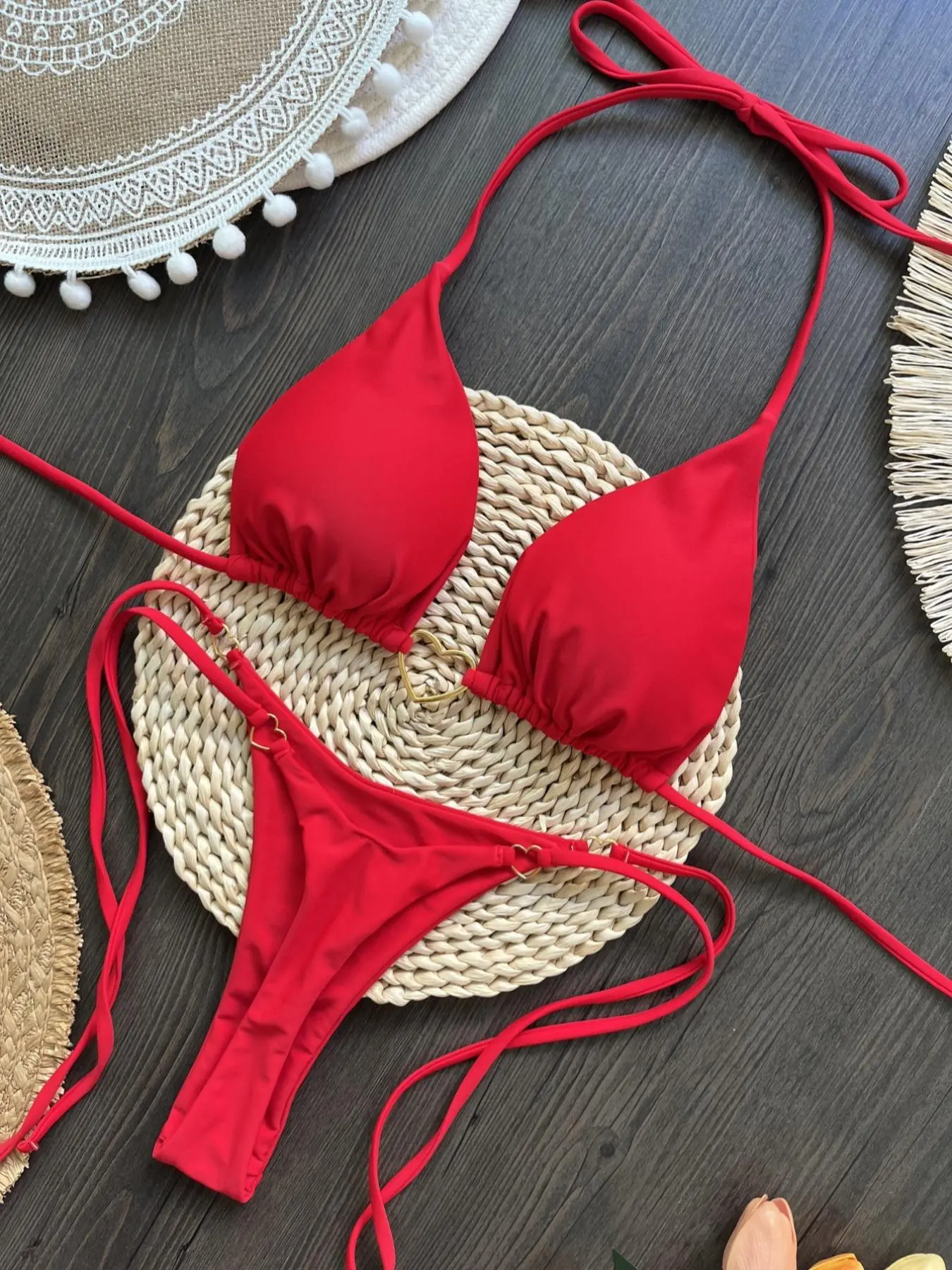 Two-Piece Set Women's Solid Color Bikini Set, Casual Halter Neck Tie Back Swim Bra & Swim Panty, Ladies Swimsuit for Beach Holiday Vacation, Swim Top, Halter Bikini Sets, Bikini Swimsuits, Bikini Swimsuit Outfit, Swimwear Set, Bikini Outfits