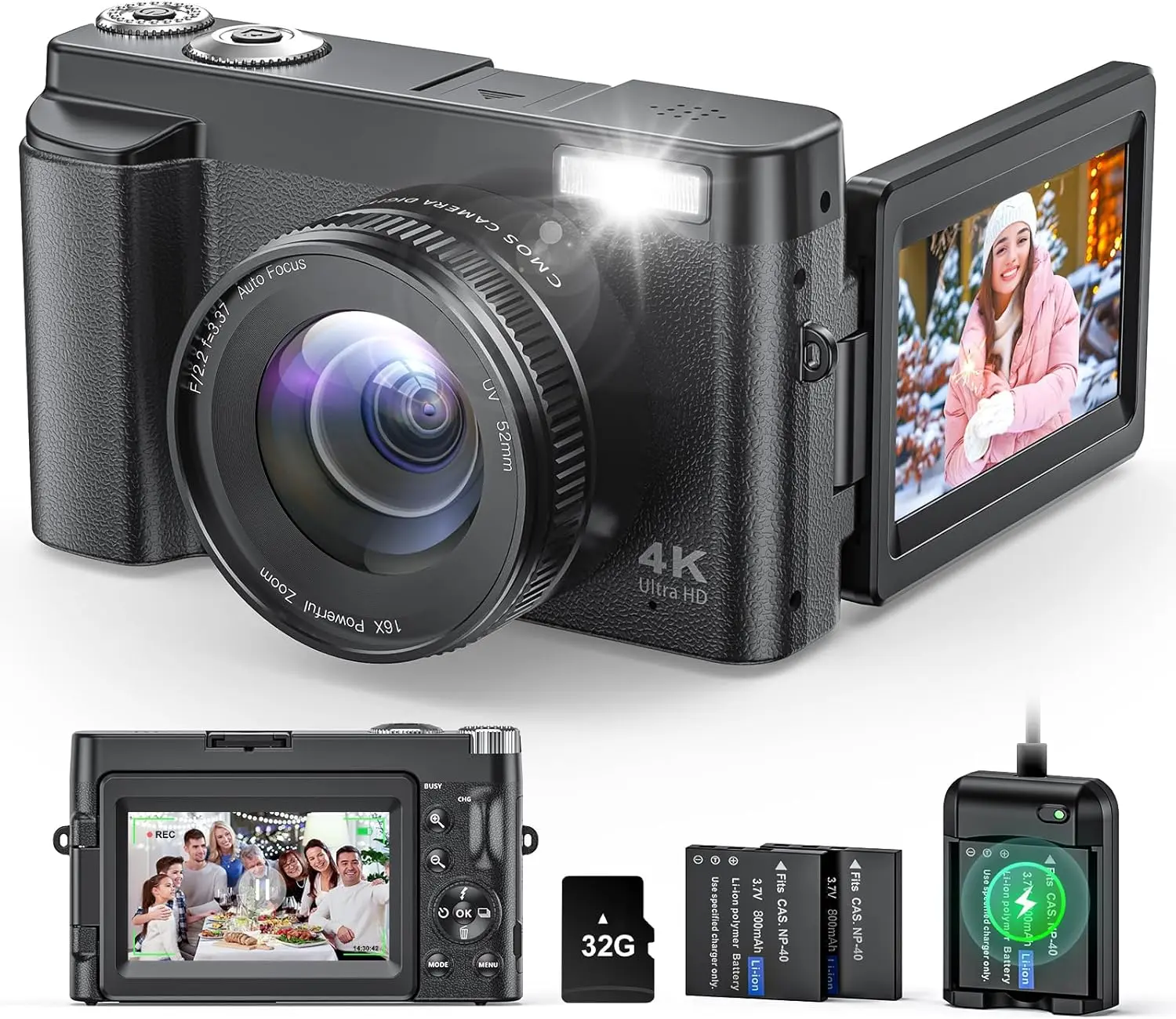 4K Digital Camera for Photography and Video, Autofocus Anti-Shake 48MP Vlogging Camera for YouTube, 3'' 180Flip Screen Camera with Flash 16X Zoom, Digital Camera with 32GB Card  Charger Black