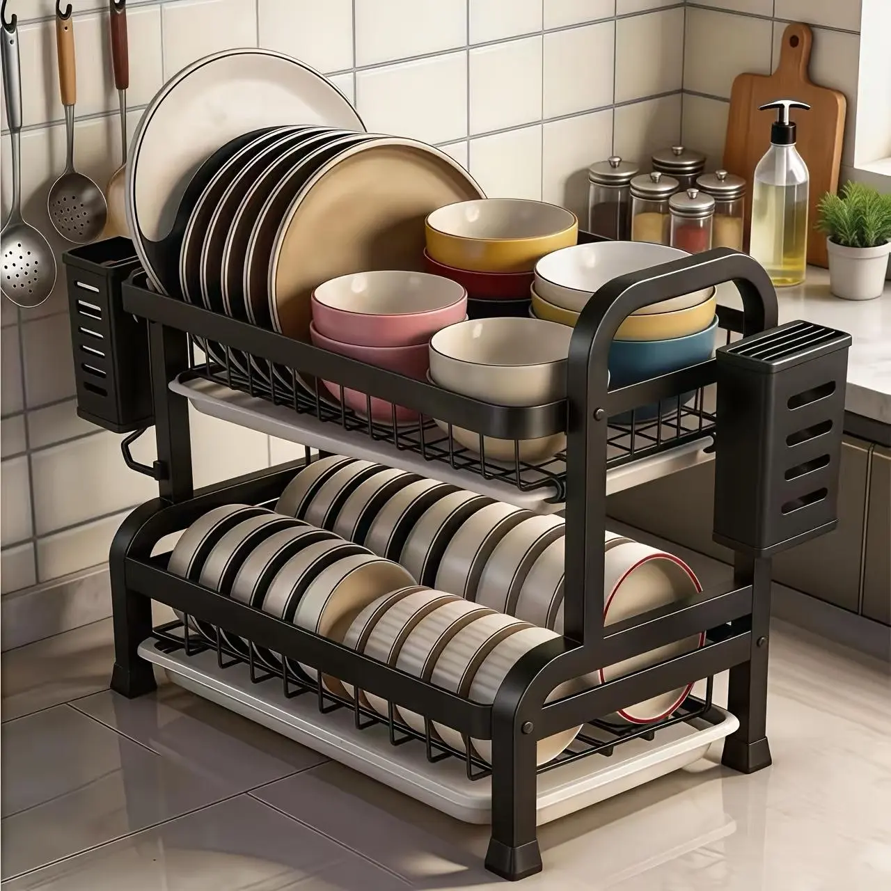 2 Tier Dish Drying Rack - Compact Dish Rack with Dual Utensil Holders & Drainboard, Rustproof Black Metal Dish Drainer for Kitchen Countertop, Small Kitchen Organization Matte Minimalist