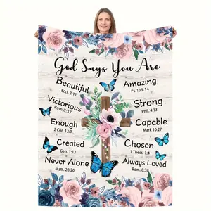 1pc Inspirational Floral Cross Print Polyester Flannel Blanket - Soft, All-Season Comfort, Machine Washable, Relax Throws, Travel-Friendly Cover Throws, Ideal for Sofa, Bed, Perfect Birthday Gift