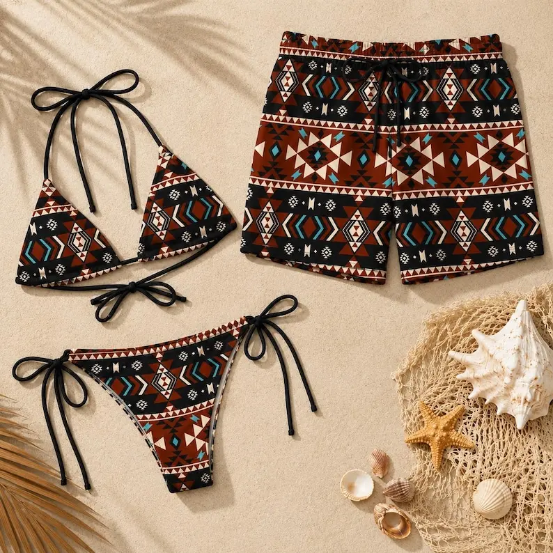 Boho Matching Couple Swimwear, Aztec Print Geometric Bikini & Men Trunks Set, Tribal Beach Outfit for Couples Vacation