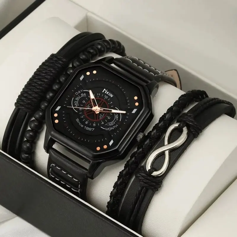 4 Pcs Men’s Black Quartz Watch Bracelet Set – Square Dial Leather Strap Watch with Braided Leather & Infinity Charm Bracelets – Gift Set for Men