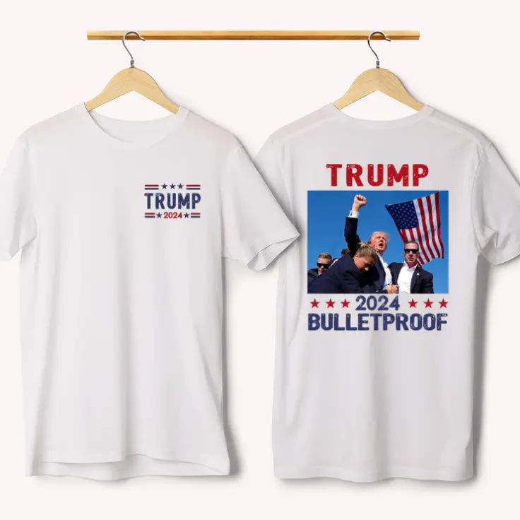 Trum 2024 Bulletproof Shirt, Praying for Presidet Trum Shirt, Bloodied Trum Fist Pumps, Trum Shooting Tee, Trum Assassination Tee Trum Shirts 2024, Double Sided Graphic Printed - Classic Cotton Short Sleeve Top for Men - Man Menswear Underwear Tshirt