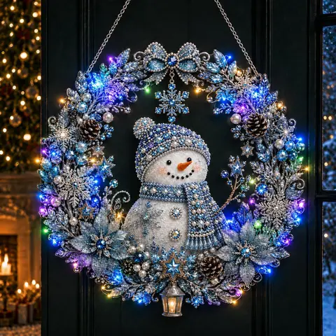 DIY Christmas Diamond Painting Wreath Complete Kit with LED Lighting & Crystal Stones, Light-Up Snowman Hanging Sign for Front Door, Easy Leisure Craft Decoration for Adults Home Holiday Decor