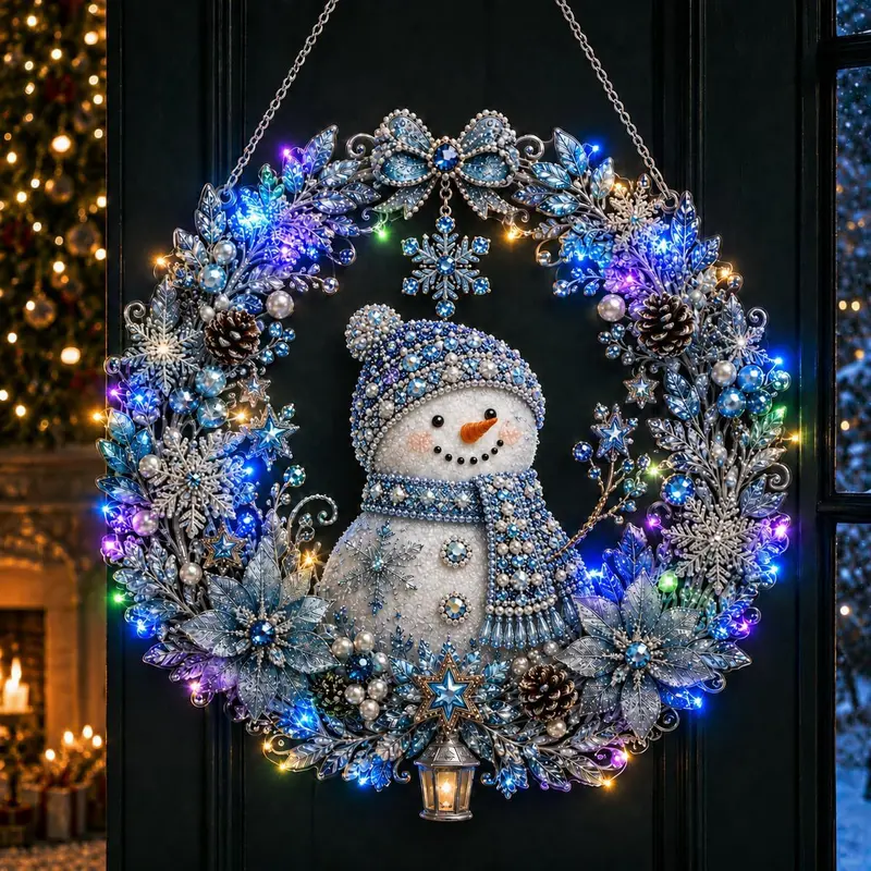 DIY Christmas Diamond Painting Wreath Complete Kit with LED Lighting & Crystal Stones, Light-Up Snowman Hanging Sign for Front Door, Easy Leisure Craft Decoration for Adults Home Holiday Decor