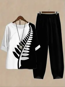 Fashion Round Neck Short Sleeve Fitted Top and Patchwork Floral Print Pants Set, Womenswear Casual Loose Two-Piece Outfit for Everyday Outdoor Indoor Commuting