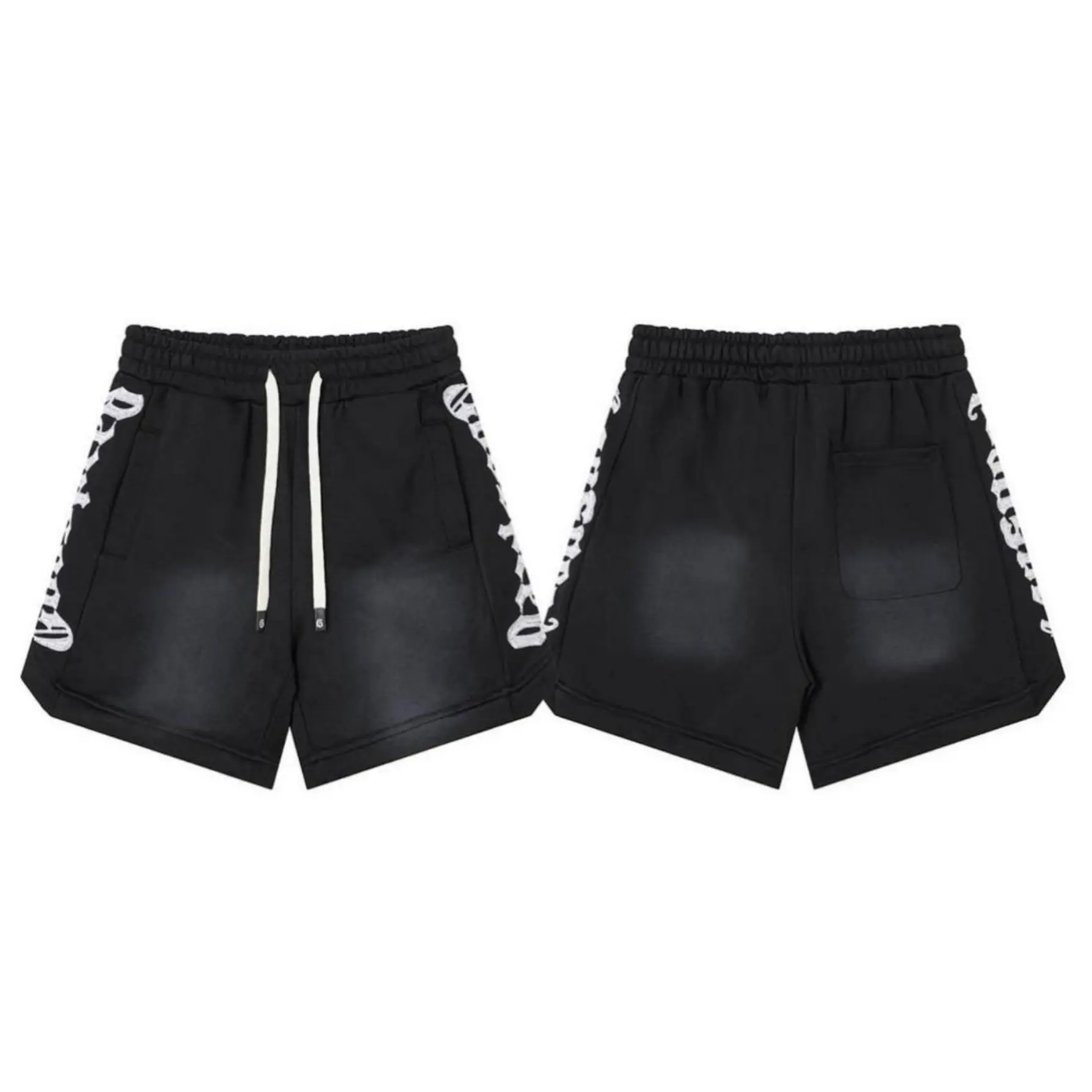 Mens Y2K Hip Hop Old English Lettering Heavyweight Sweatshorts Vintage Washed Black Oversized Drawstring Streetwear Gym Pump Cover Opium Aesthetic Bottoms