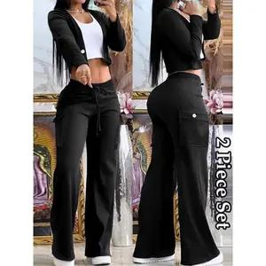 【2 piece set】 Women's Casual Fitted Jacket & Pants Set, Drawstring Wide Leg Cargo Suit, Breathable Comfortable Fabric, All Seasons Wear