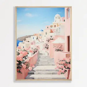 Pink Greece Wall Print | Retro Pastel Coastal Home Decor | Beach House Aesthetic Poster