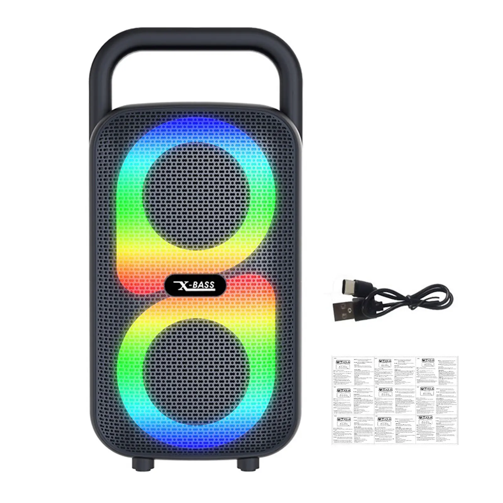 Portable Compact Bluetooth Speaker Boombox with Handle, Wireless Charging, TWS Pairing, Loud Stereo Sound, Subwoofer, USB, USB Type-C, Amplifier, Cable, Lights for Party, Outdoor Camping