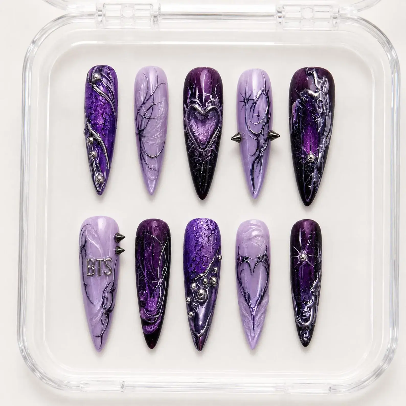 Purple Long Coffin Press On Nails with Silver 3D Details, Heart Design and Spike Accents