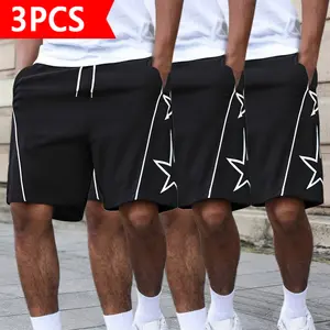 Men’s 3-Pieces Polyester Quick-Dry Knee-Length Black Running Shorts - White Side Stripes, Star Print, Drawstring Waistband, Breathable, Standard Sizes, Suitable for Fitness, Running
