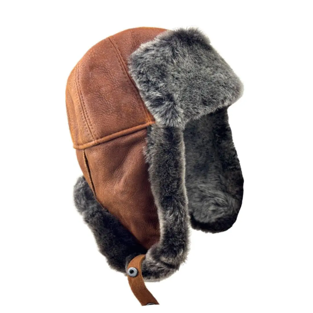 Handmade Sheepskin Leather Trapper Hat – Aviator Cap with Fur Lined Ear Flaps, Shearling Russian Ushanka Winter Hat