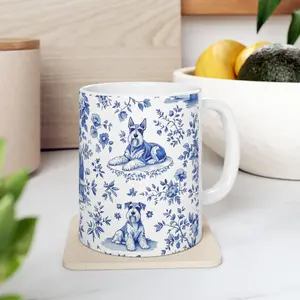 Schnauzer Dog Mug, Blue Toile de Jouy Coffee Cup, Chinoiserie Tea Cup Gift, Dog Dad Mom Present, Dog Lovers Ceramic Mug, Cute Puppy Theme