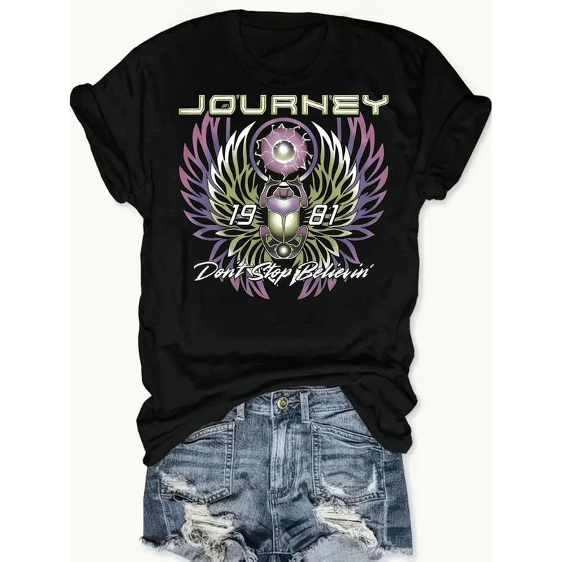 [100% Cotton] Women'S Retro Rock Band Graphic T-Shirt - "Journey: Never Stop Believin'" Print, Short Sleeve, Crew Neck, Casual Spring/Summer Top, Casual Wear |   Band Design Tee |   Graphic Print Te T-Shirt For Men And Women