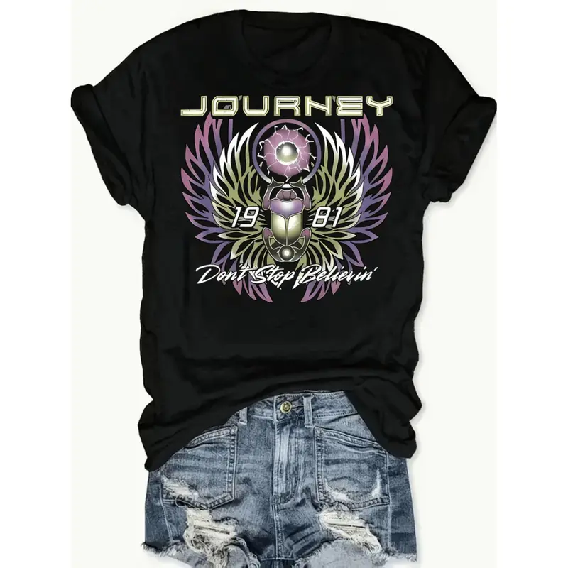 [100% Cotton] Women'S Retro Rock Band Graphic T-Shirt - "Journey: Never Stop Believin'" Print, Short Sleeve, Crew Neck, Casual Spring/Summer Top, Casual Wear |   Band Design Tee |   Graphic Print Te T-Shirt For Men And Women