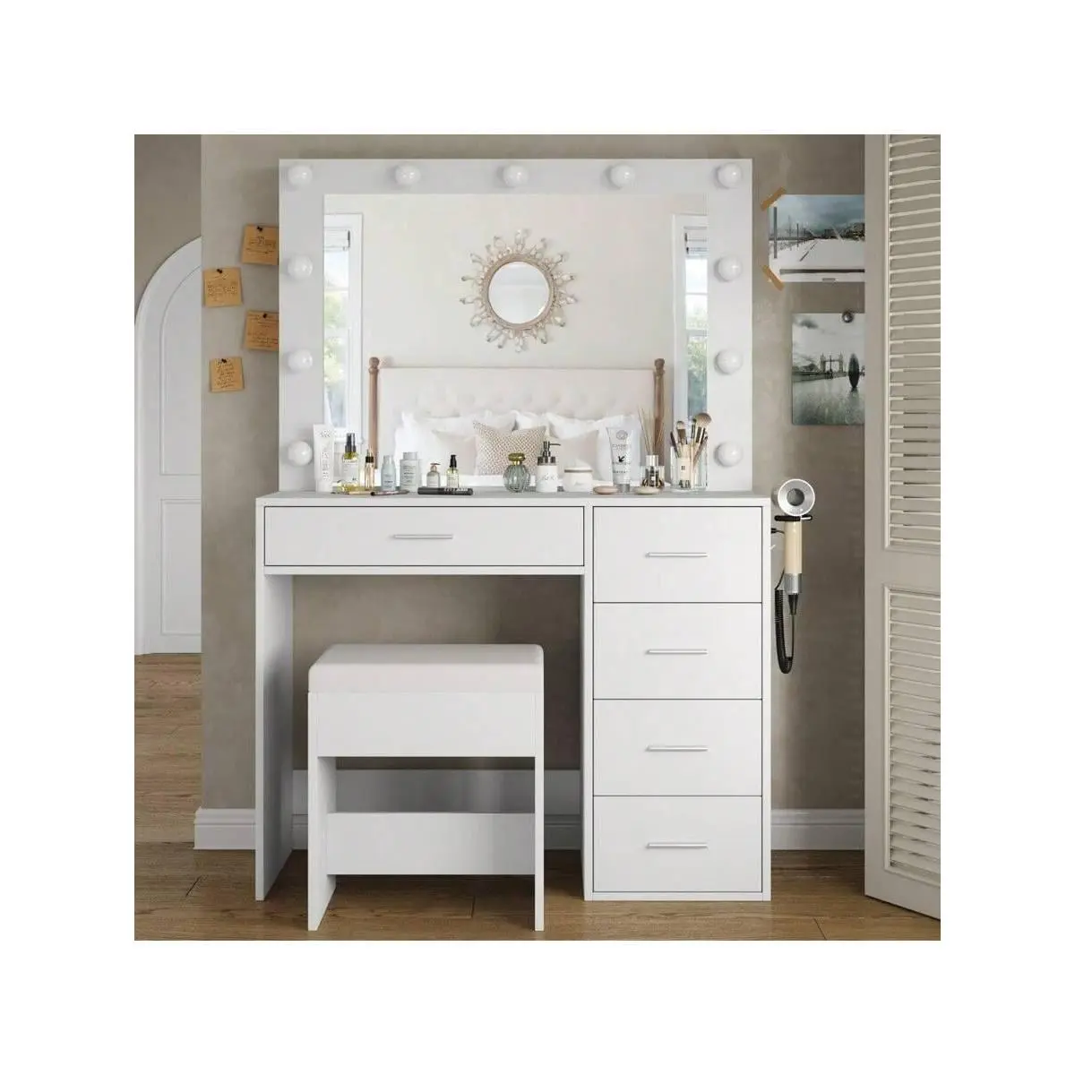 outstanding quality  Desk Power Outl Makeup Lighted Mirror 3 Color Lighting Modes Brighess Adjustable Dressing With Drawers Vanity Table Set For Women Girls White