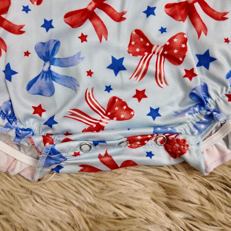 Red blue bows printed American Girl embroidery bubble 4th of july baby romper
