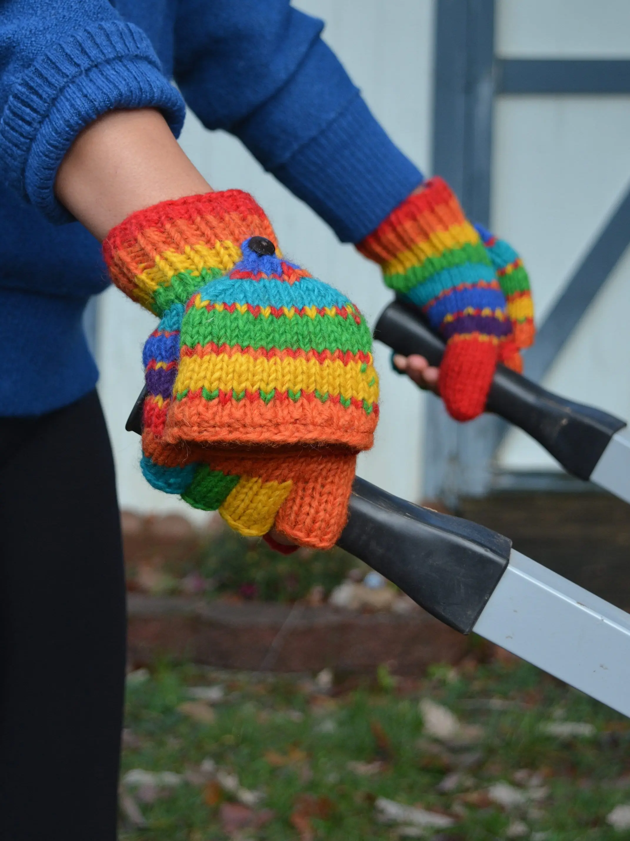 Rainbow Hand Knit Convertible Mitten, Fully Fleece Lined mittens. Mitten with fleece lined thumbs. Fleece lined.Comfy and Warm.