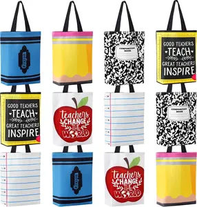 6/12 Pcs Back to School Teacher Gift Bags Canvas Tote Bags with Crayon Pencil Notebook Apple Marble Pattern Thank You Gift Handbags for Teacher Student,School Supplies,Teacher Appreciation Welcome First Day of School Class Rewards Gift