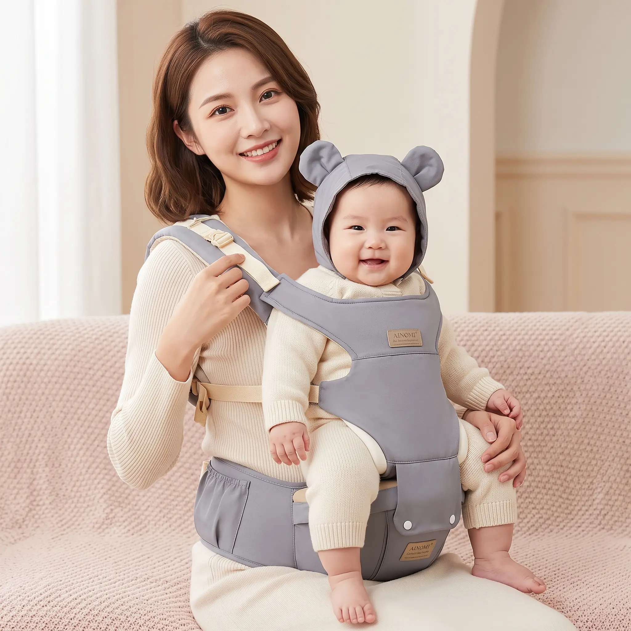 Ainomi Ergonomic 3-in-1 Hip Seat Baby Carrier, Adjustable All-Season Sling with Bear Design in Breathable Mesh for Infants & Toddlers 0-36 Months, Adjustable Ergonomic Carrier portabeb, Hip Seat Carrying, Sponge, Portable, Oxford, Button