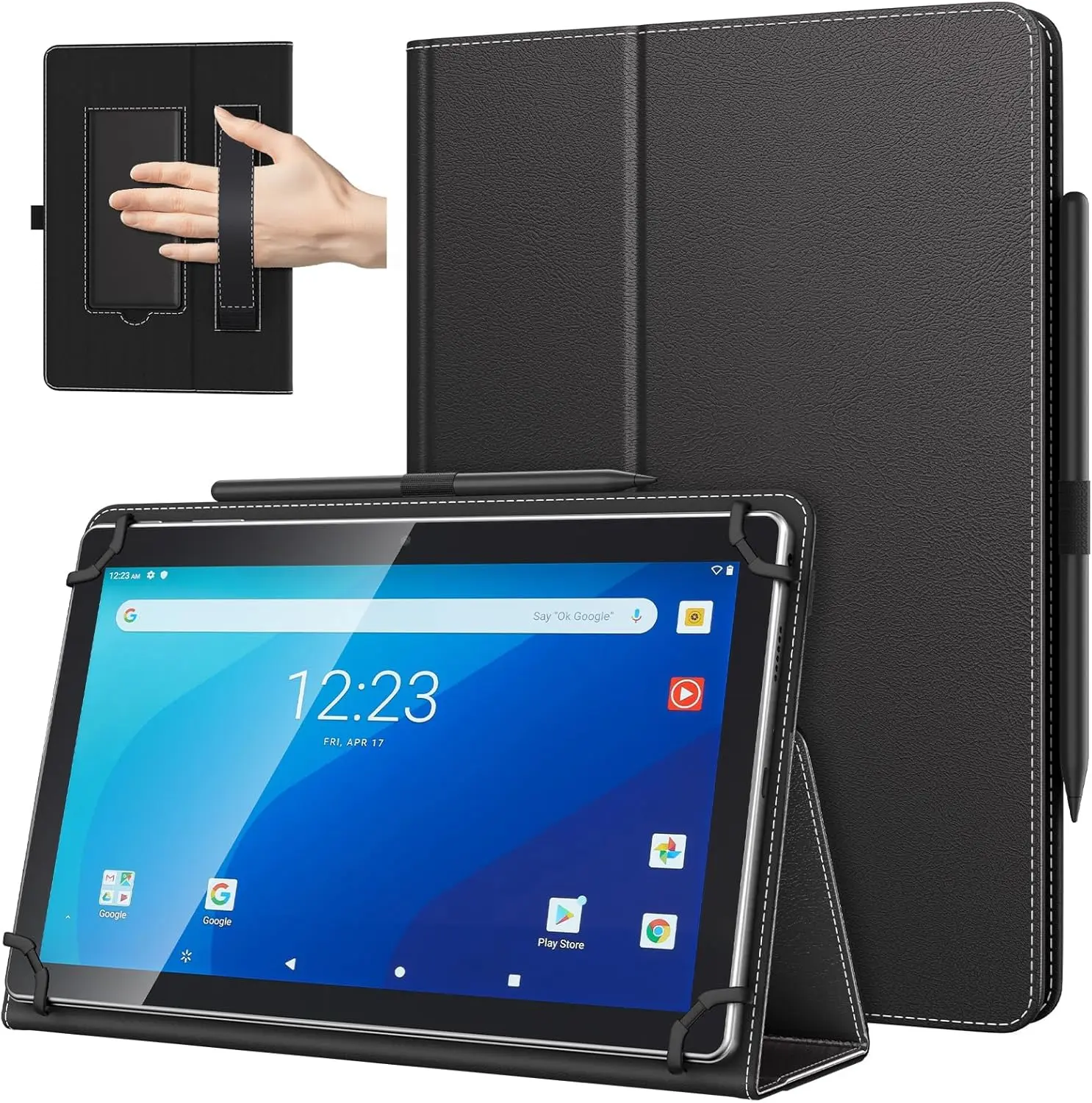 Universal 9.6"-11" Tablet Cover with Pen Loop, Lightweight Folding Stand & Hand Strap for 10.1 Inch Android Touchscreen Tablets, Black