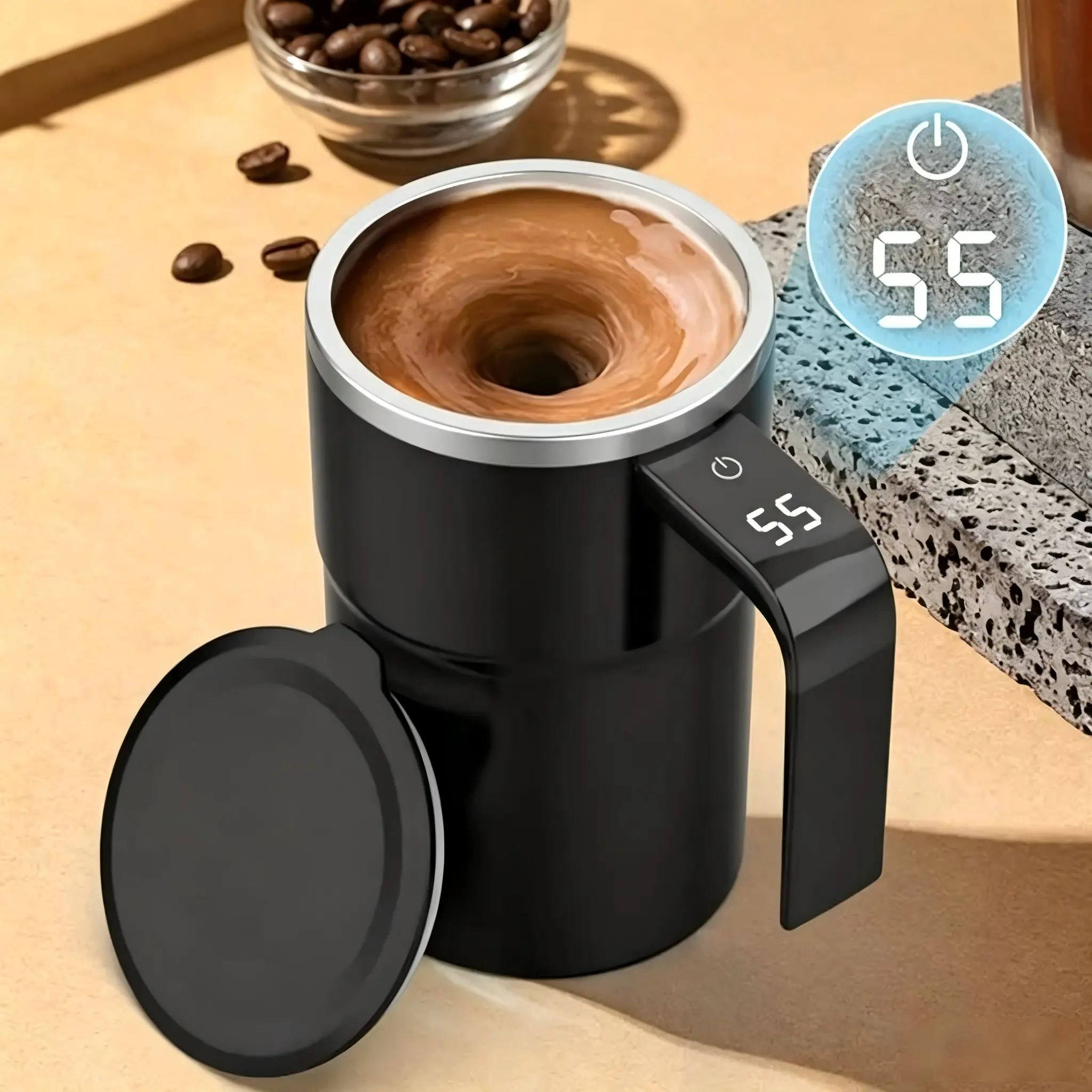 Rechargeable Self-Stirring Coffee Mug, Automatic Magnetic Stirring with Temperature Display, Made of 304 Stainless Steel, Ideal for Milk & Cocoa in Office, Kitchen, Travel and Summer Use