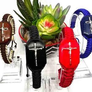 Jesucristo~Justo Juez~Pulsera de Tejido Doble Tejida a Mano~Double Braided Woven Bracelet in Black Red and Blue Colors